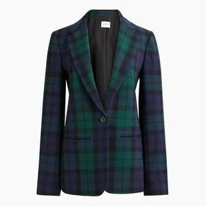 J.Crew Women Black Watch Plaid Blazer Green Blue Tartan One Button Jacket Size 2